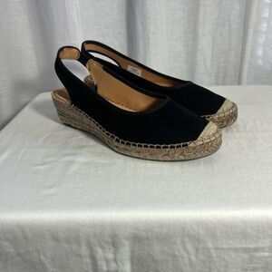 Patricia Green Black Espadrille Slingback Wedges with Natural Jute Trim